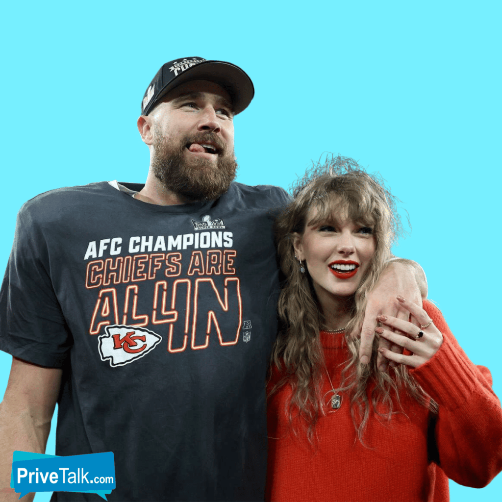 Taylor Swift together with Travis Kelce, as a couple.