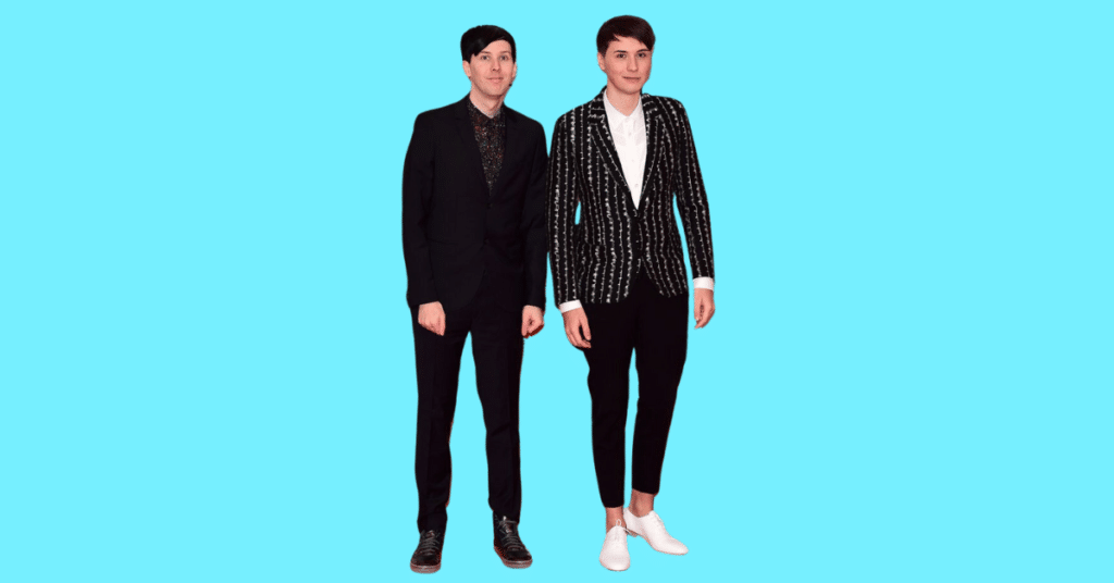 A full body picture of Dan Howell and Phil Lester showing characteristics like height, age, and weight.