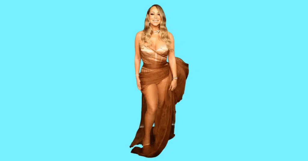 A full body picture of Mariah Carey showing characteristics like height, age, and weight.