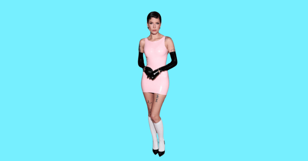 A full body picture of Halsey showing characteristics like height, age, and weight.