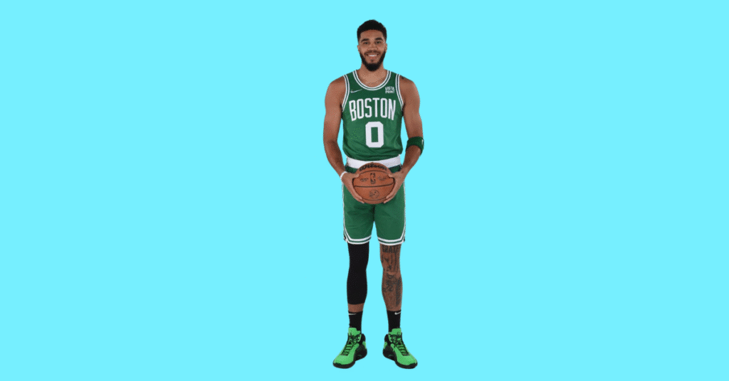 A full body picture of Jayson Tatum showing characteristics like height, age, and weight.