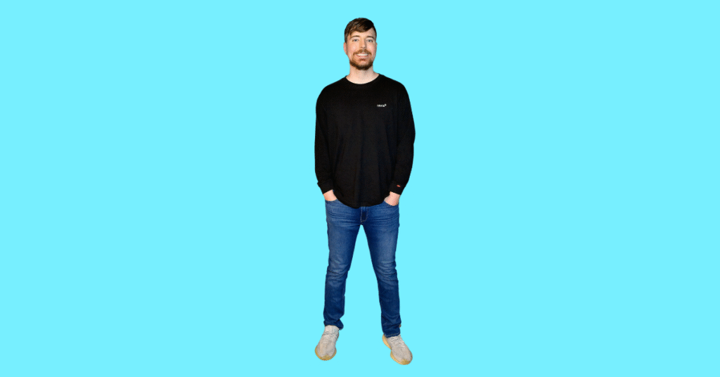 A full body picture of MrBeast showing characteristics like height, age, and weight.